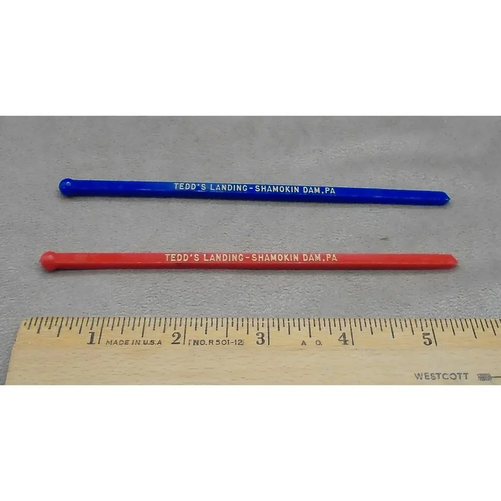 Tedd's Landing Shamokin Dam PA Swizzle Stick Lot of 2 Blue & Red Vintage